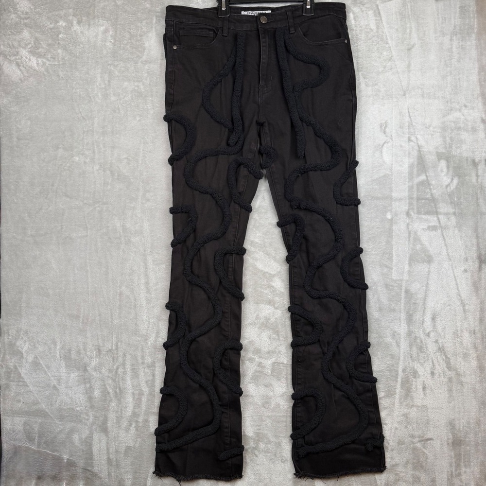 Reelistik NYC Mens Black Textured Squiggle Chenille Slim Fit Jeans Size 36